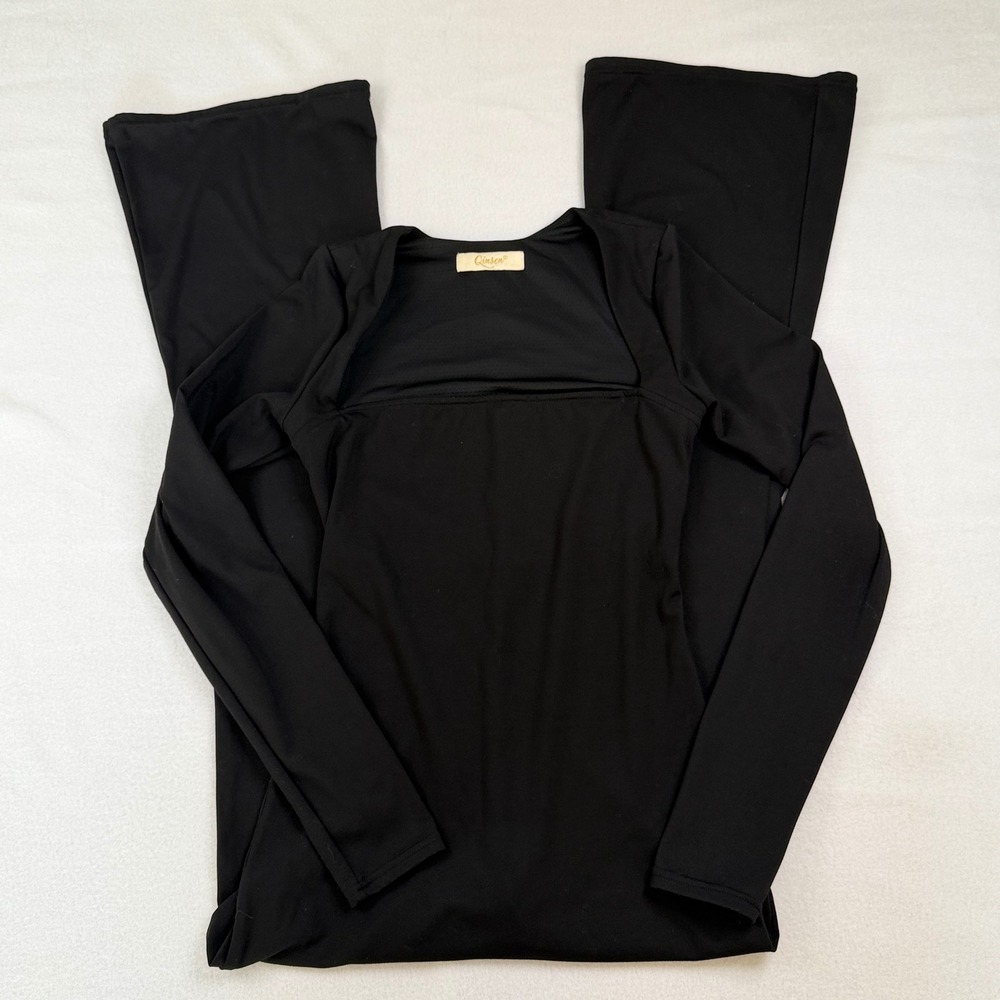 Qinsen Womens Long Sleeve Square Neck Flared Leg Jumpsuit Black Small